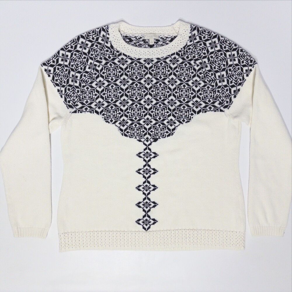 Talbots Ivory White & Black Fair Isle 100% Cotton Knit Sweater Women Size L (B5) - Picture 2 of 8